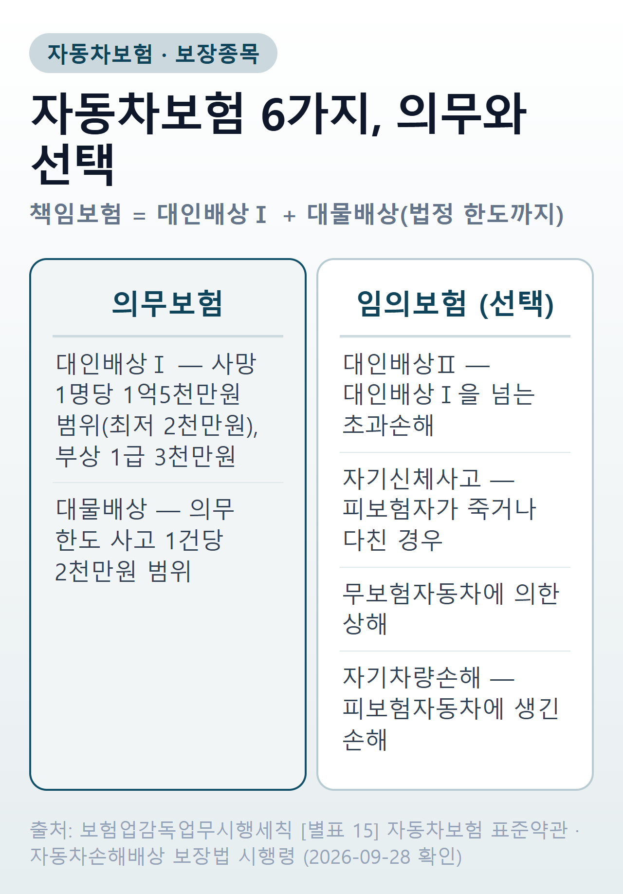 자동차보험 종류 — 6가지 보장종목을 의무보험(대인배상Ⅰ·대물배상)과 임의보험으로 나눈 그림