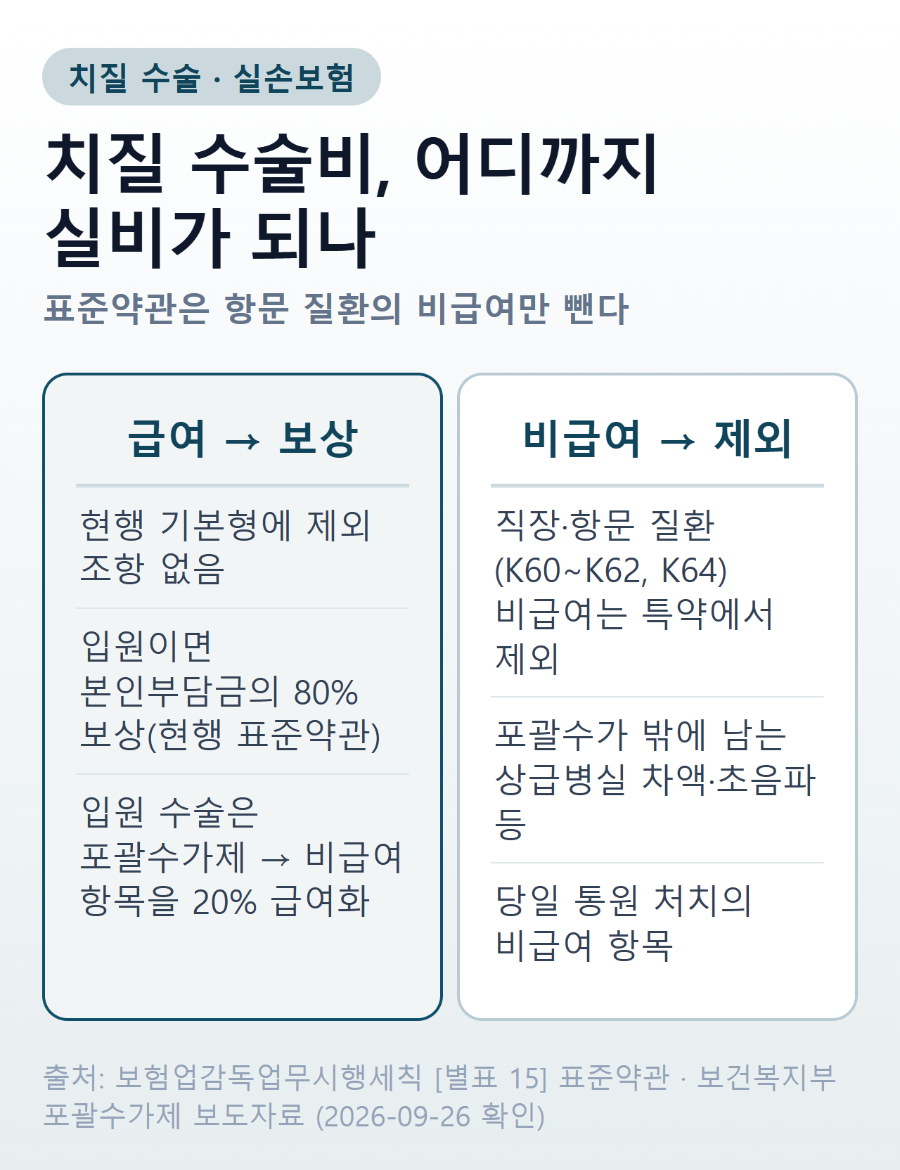치질 수술 실비 판정 — 현행 표준약관에서 급여는 보상, 비급여 항문질환은 제외, 입원 수술은 포괄수가로 비급여 항목을 20% 급여화